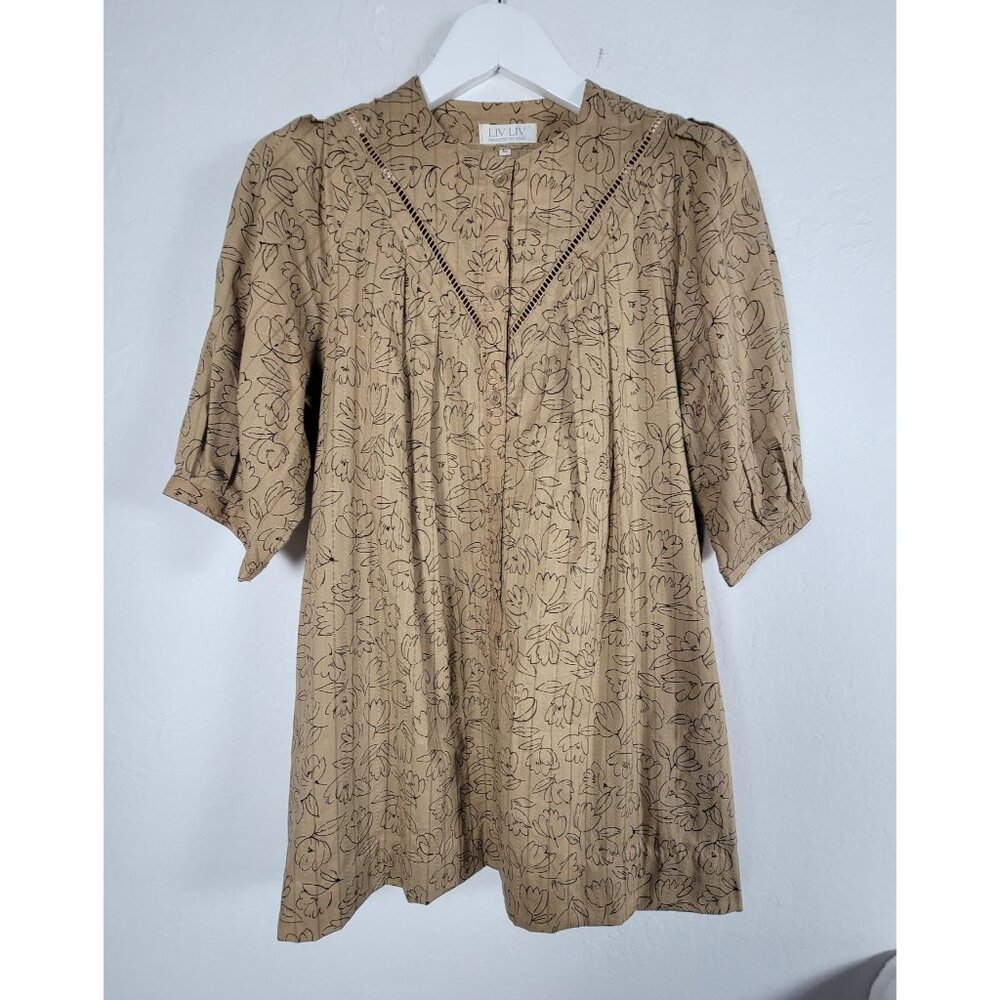 Liv Liv Produced Muse Women Beige Floral Puff Sleeve Tunic Top Large Lace Detail